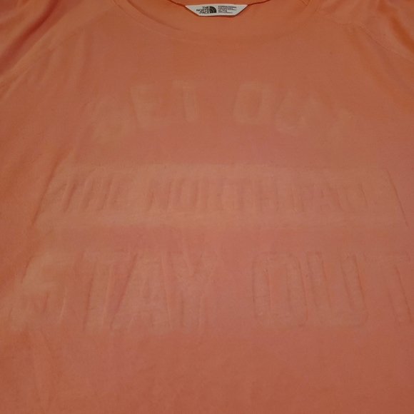 Womens The North Face size XL Tshirt. Peach color. "Get out and stay out" - Picture 2 of 5